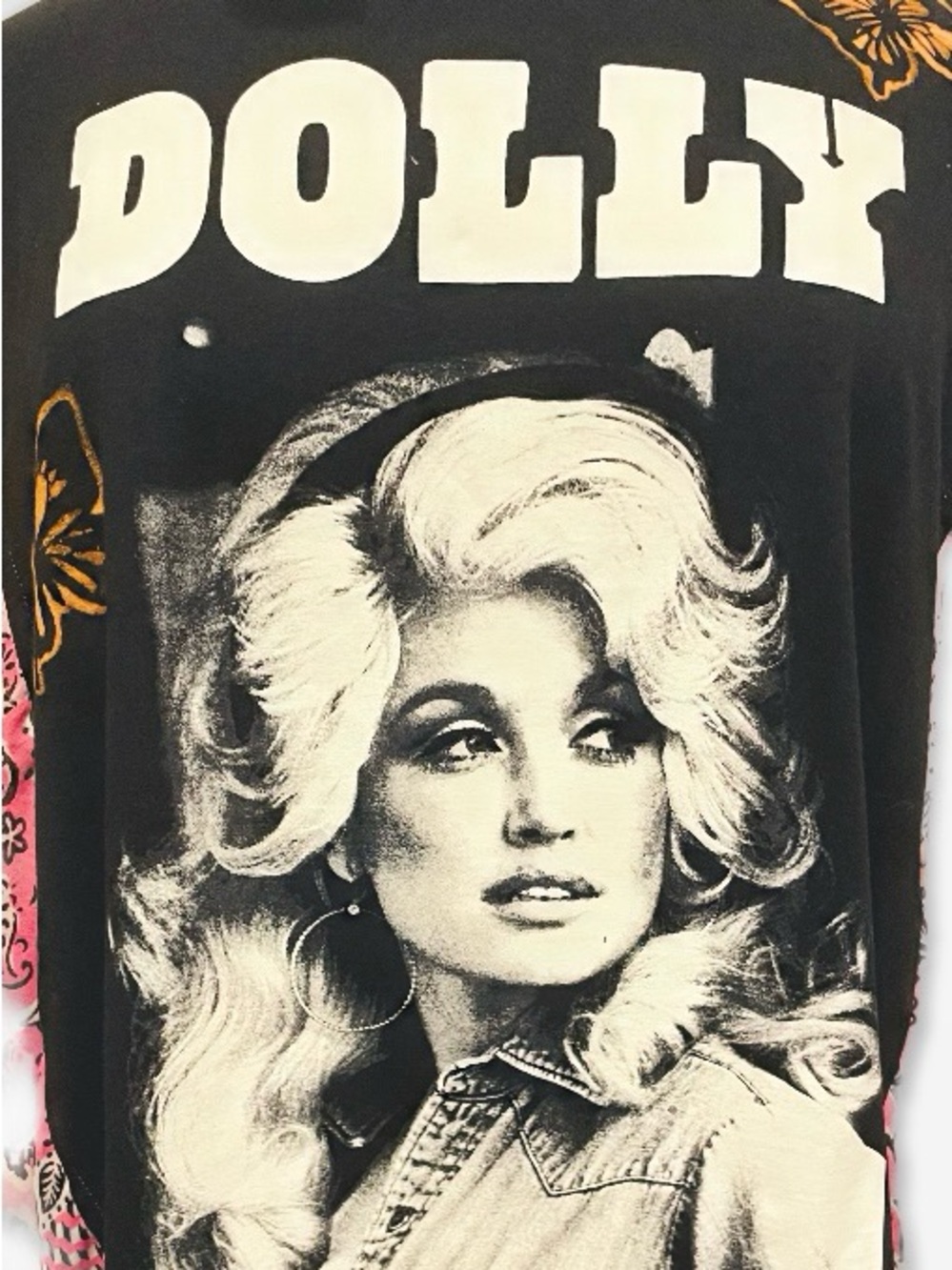 Custom Upcycled Dolly Graphic Tee with Pink & Orange Patchwork Sleeves XL-2XL - Picture 3 of 16